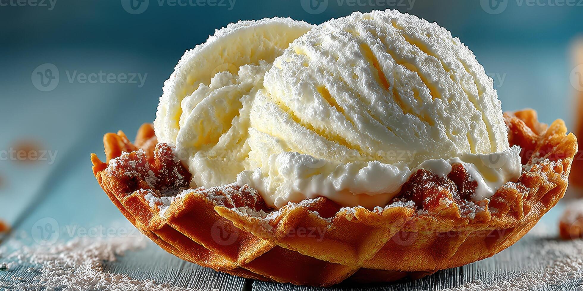 Delicious vanilla ice cream scoops served in a crispy waffle bowl with a sprinkle of powdered sugar photo