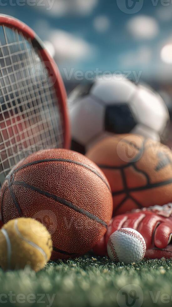Collection of various sports balls arranged on grass with a tennis racket in the background during daylight photo