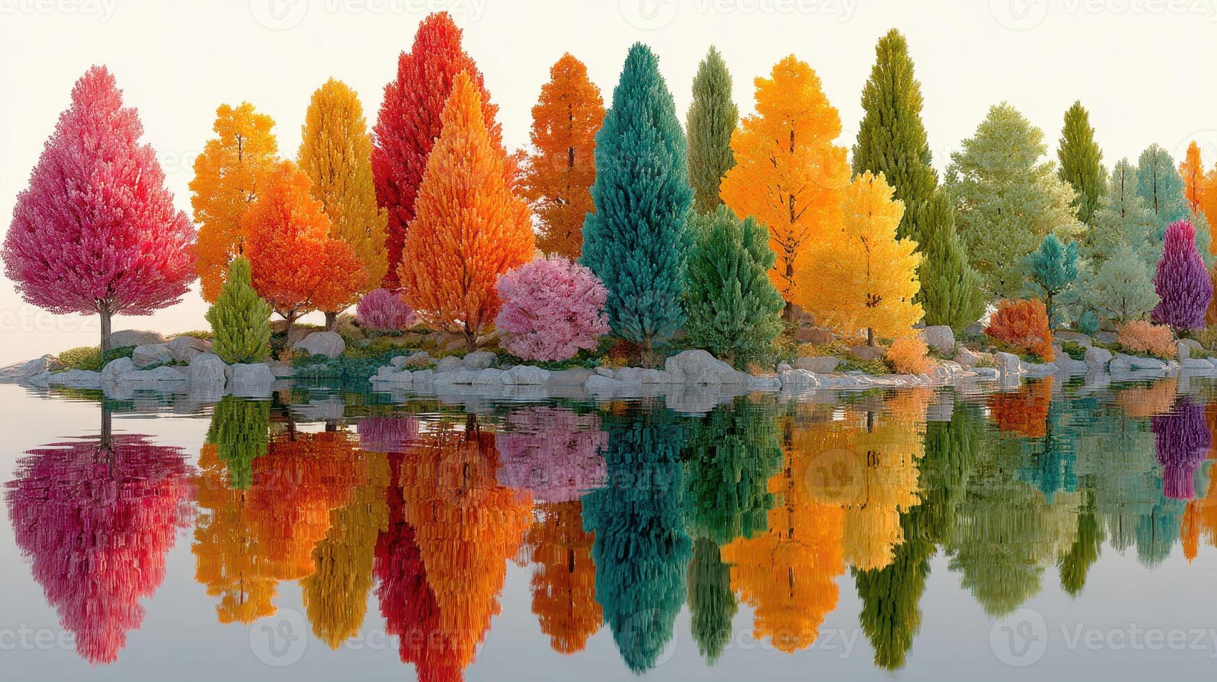 Stunning autumn landscape with vibrant trees reflecting in calm water at sunrise photo