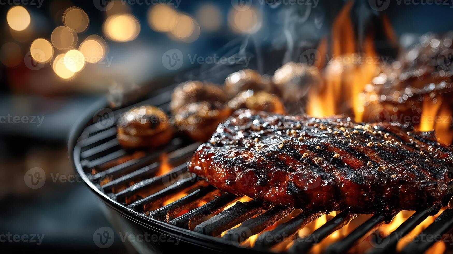Grilling succulent steak and mushrooms over an open flame during a summer evening barbecue photo