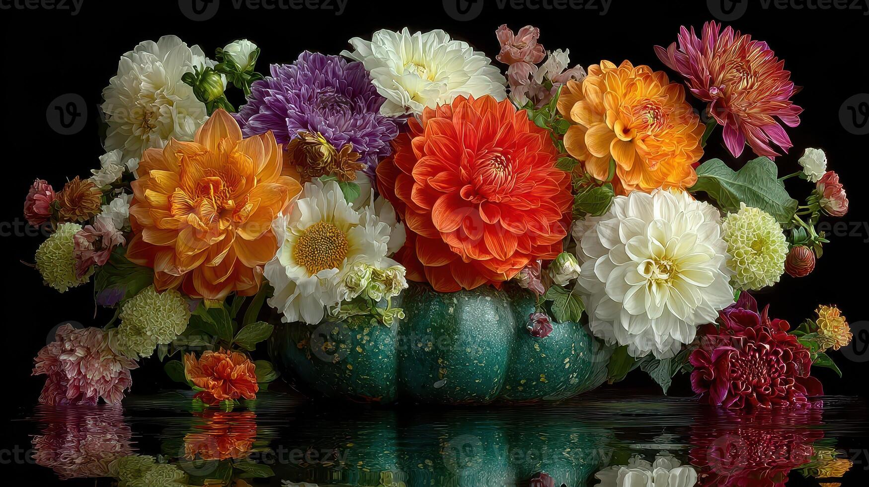 Vibrantly arranged flowers on a green pumpkin with reflections in the water photo