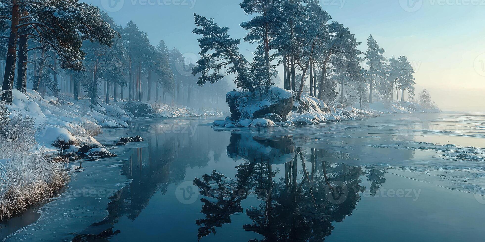 Winter landscape with icy river and snow-covered trees in a tranquil forest setting at dawn photo