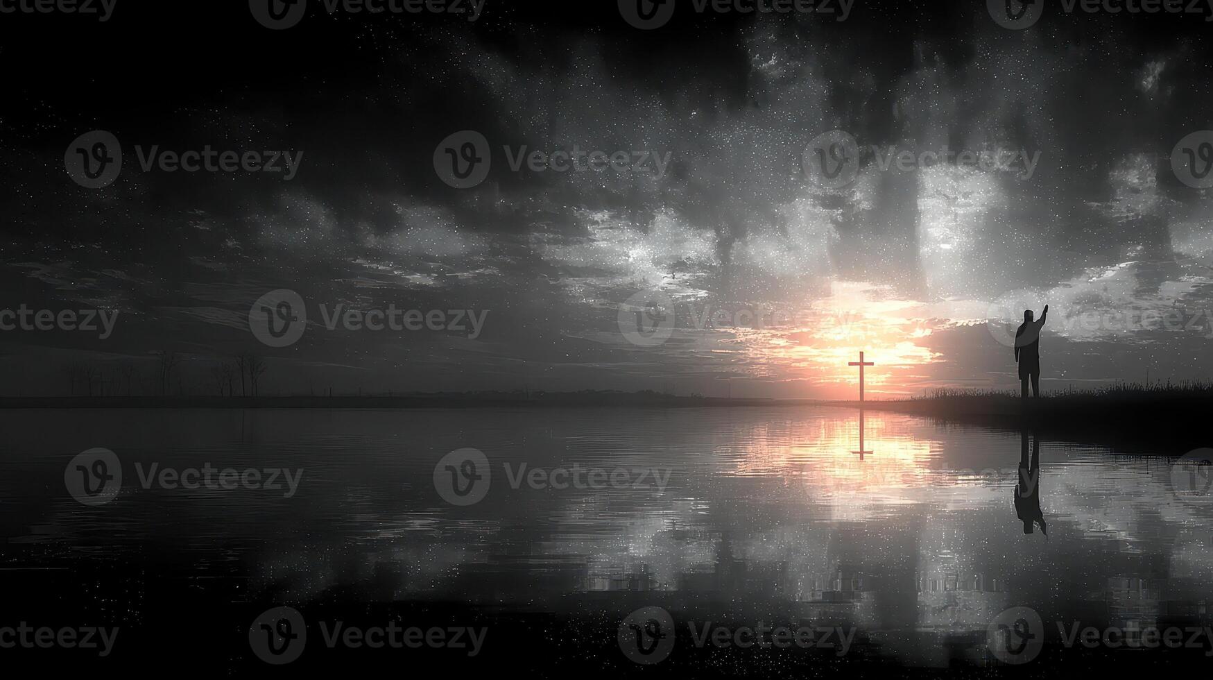 Silhouette of a person worshipping at sunset by the water with a cross reflection photo