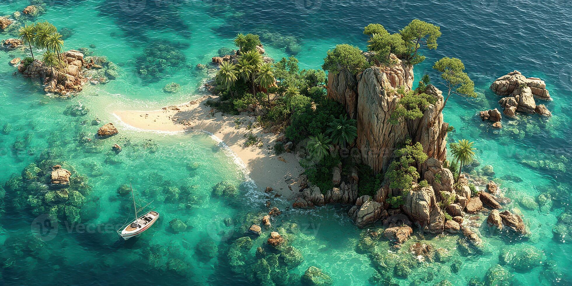 Tropical island paradise with turquoise waters and lush vegetation under bright sunlight photo