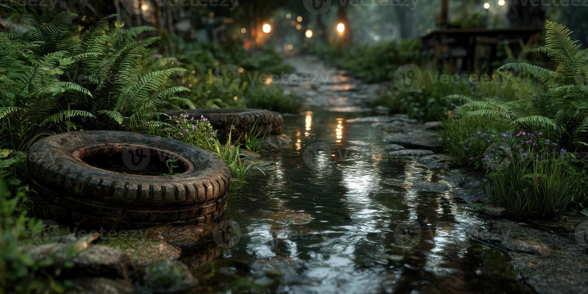 Scenic path surrounded by lush greenery and calm water reflecting lights in a serene environment photo