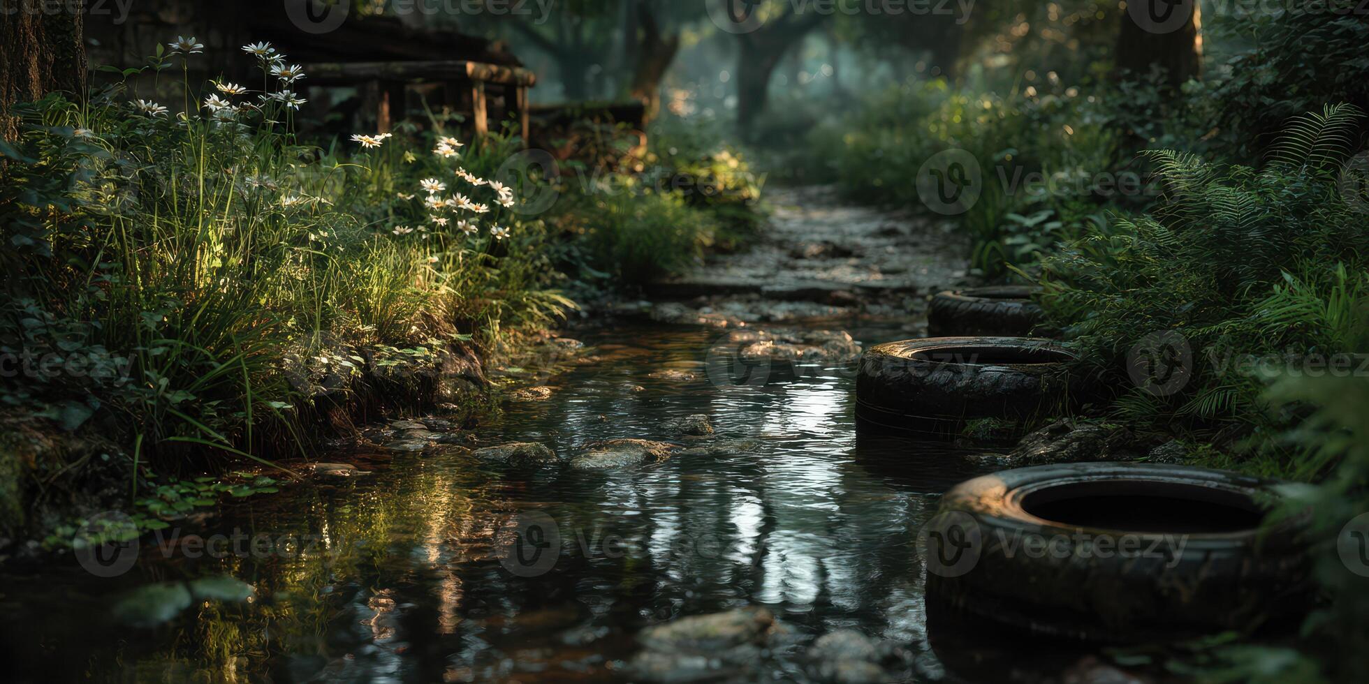 Tranquil natural landscape featuring a stream surrounded by greenery and old tire remnants in a serene environment during daylight photo