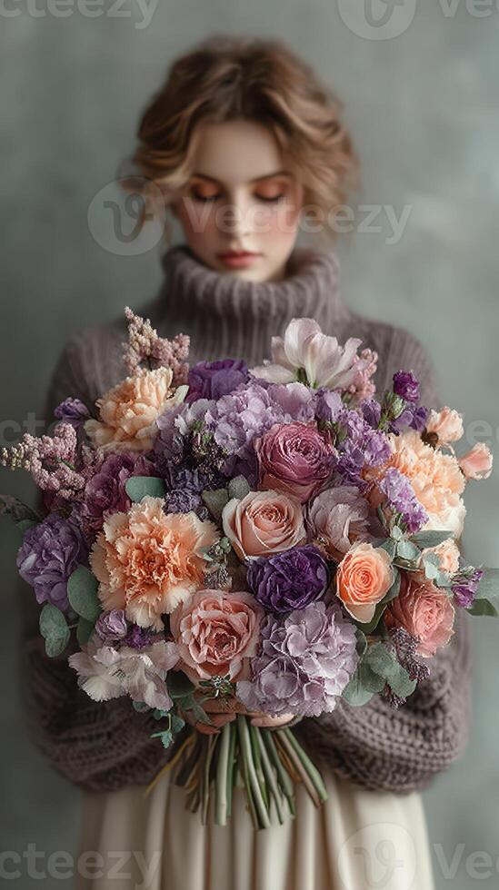 Beautiful woman with a large bouquet of flowers in soft tones at a serene indoor location during daylight photo