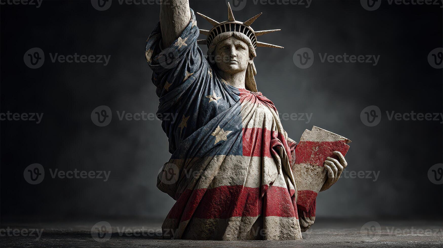 Statue of Liberty in artistic representation with American flag motifs in a dramatic lighting setting photo