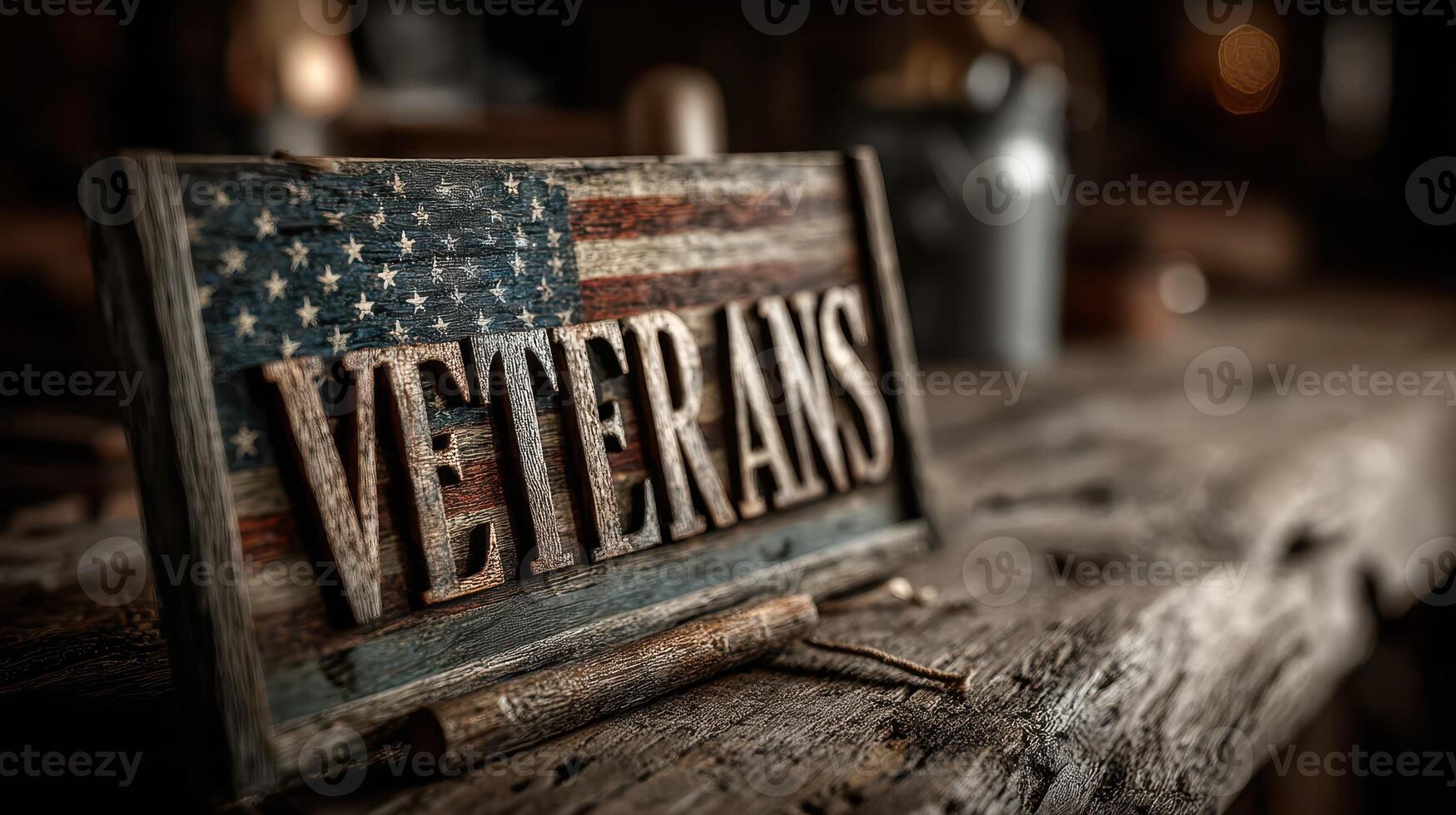 Wooden veterans sign featuring American flag detail on a rustic table in a veteran recognition center photo