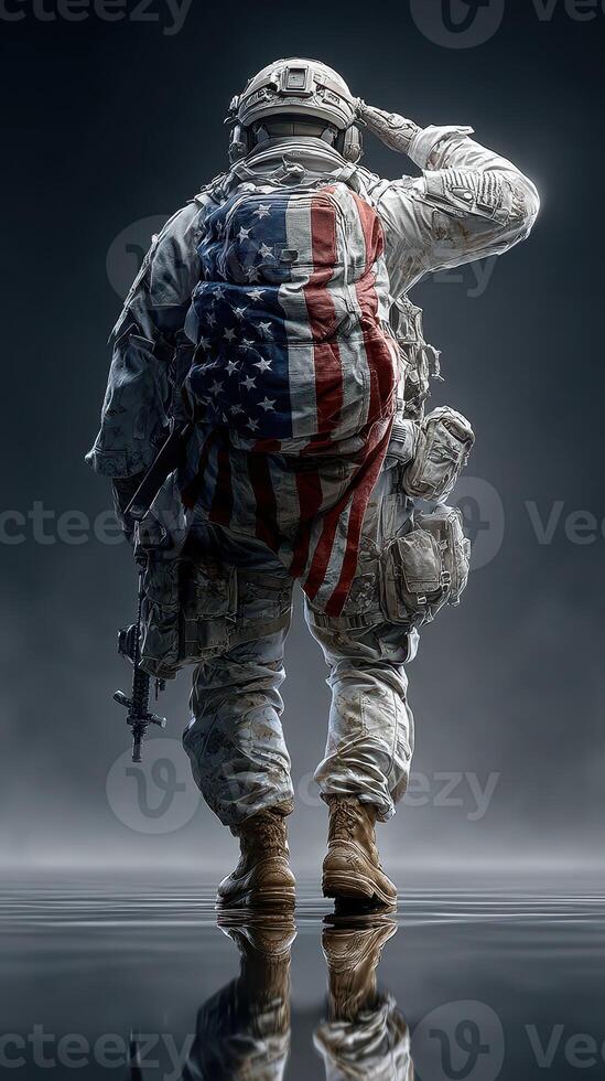 Soldier saluting with American flag backpack while standing in a dramatic dark setting photo