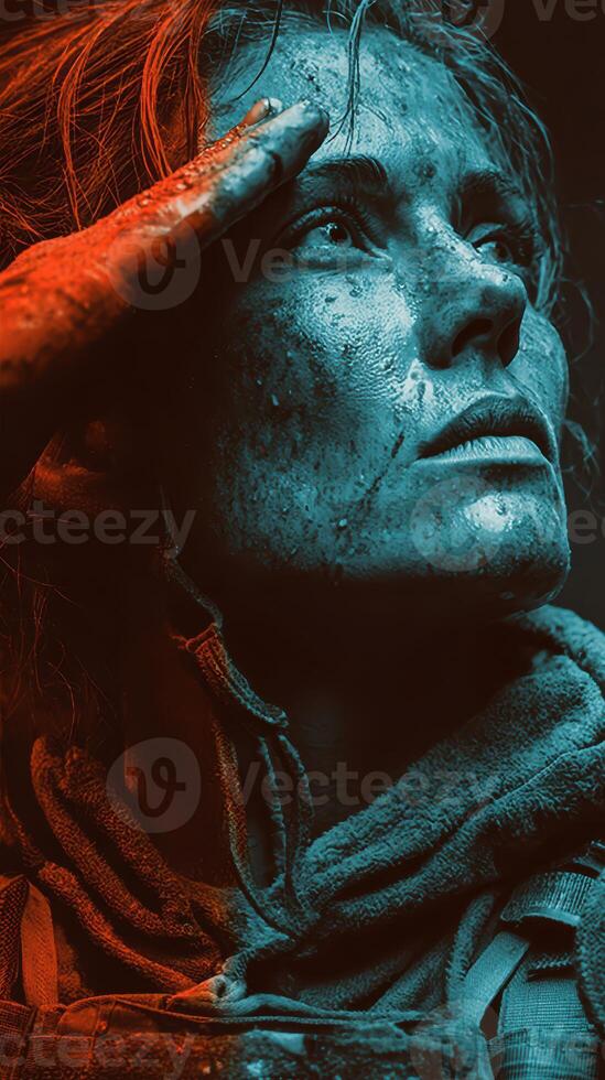 Woman with a determined expression saluting while covered in dirt and grime during an intense outdoor activity at dusk photo