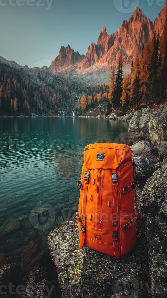 Vibrant orange backpack resting on rocks near serene lake surrounded by autumn foliage and mountains at golden hour photo