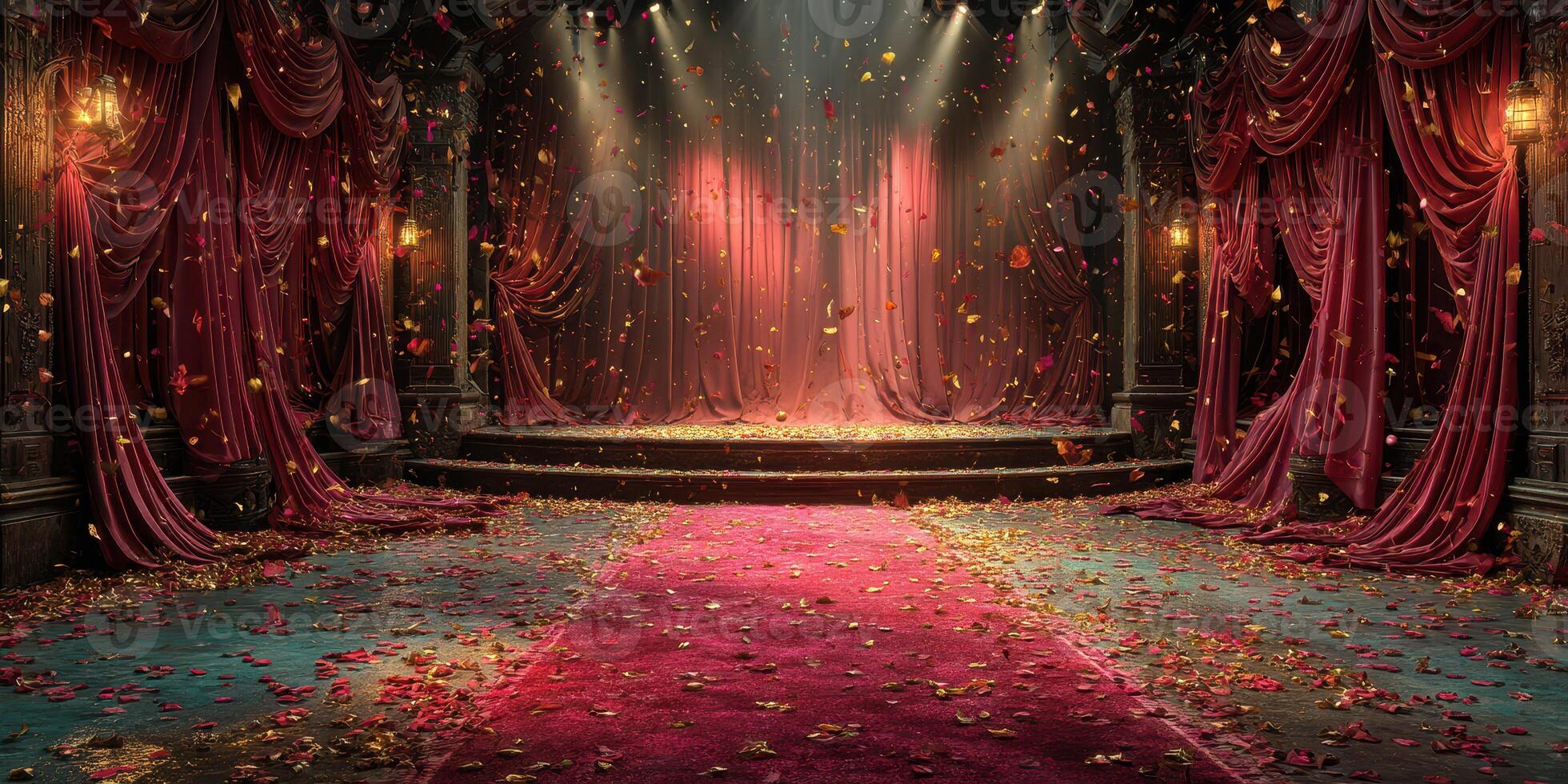 Dramatic theater stage adorned with rose petals and rich curtains in an ornate setting during an evening performance photo