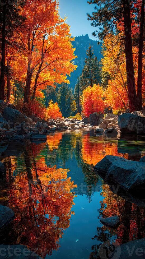 Beautiful autumn landscape with vibrant foliage reflecting in a tranquil river during a sunny day photo