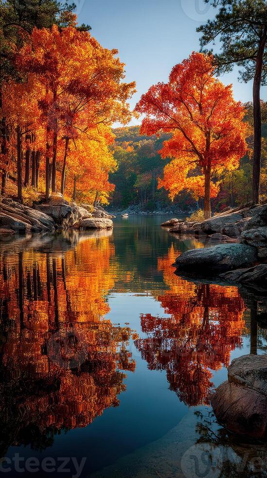 Vibrant autumn colors reflected in a serene river surrounded by trees in a peaceful natural setting photo
