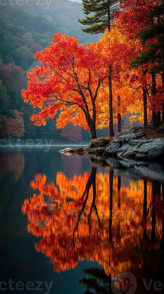 Vibrant autumn tree reflects in calm lake surrounded by mountains at dawn photo