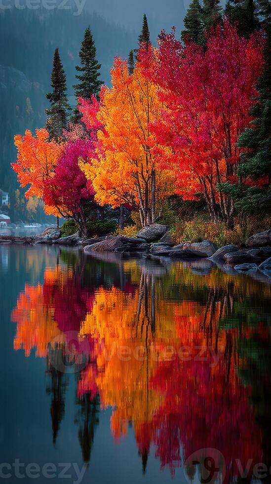 Vibrant autumn colors reflected in calm lake waters surrounded by trees in a serene natural setting photo