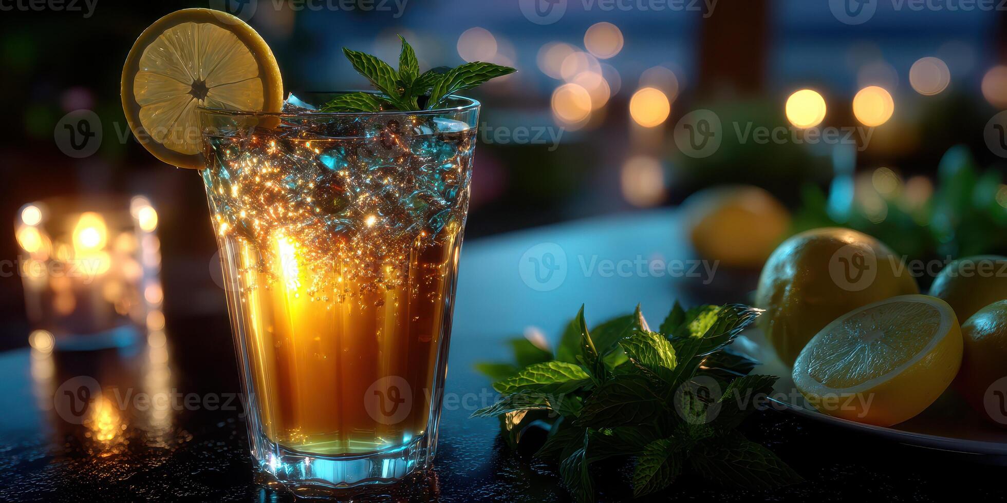 Refreshing lemonade drink with mint and lemon slice in cozy evening setting by soft candlelight photo