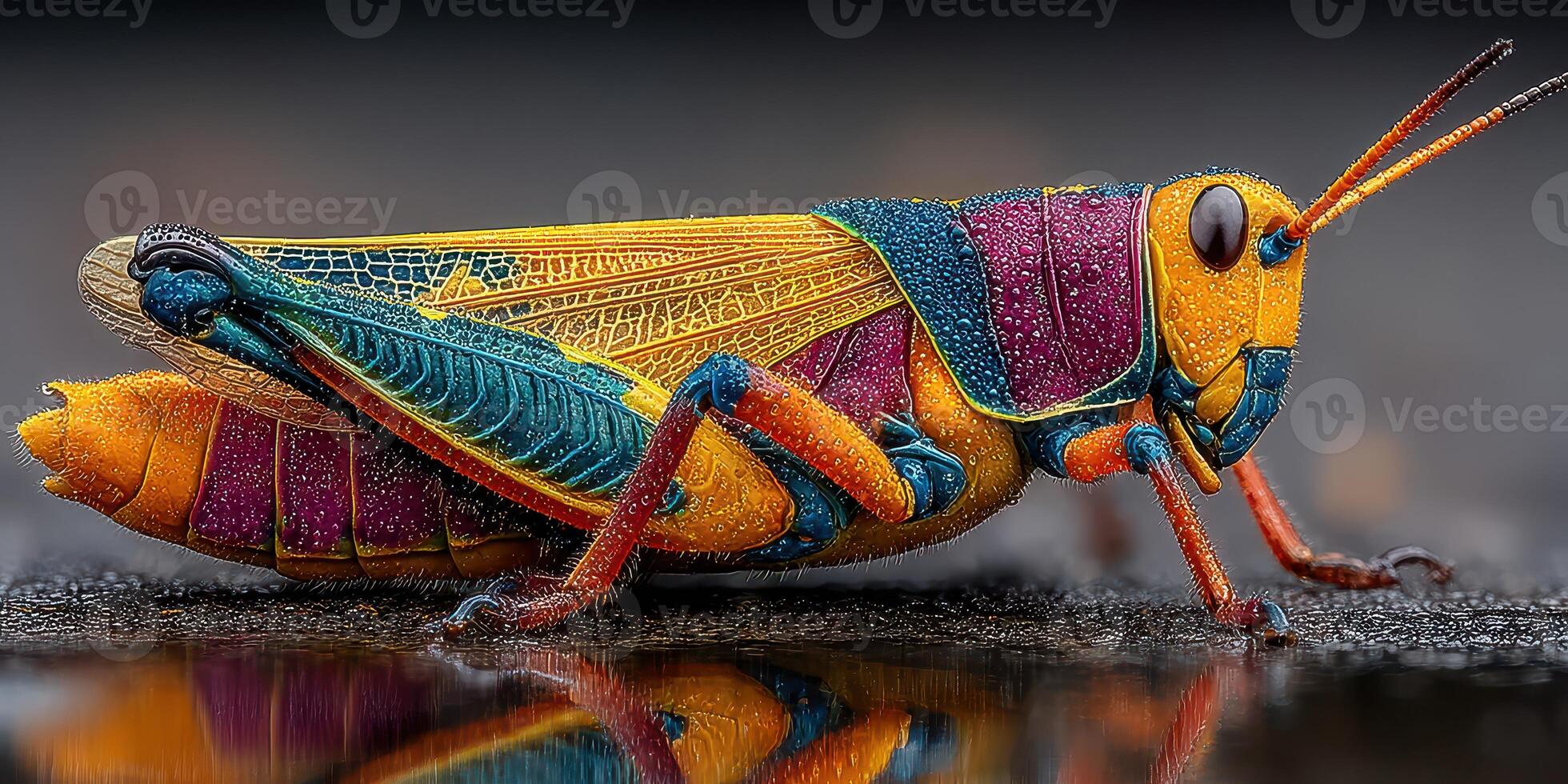 Brightly colored grasshopper resting on a dark surface in a natural setting during daylight hours photo