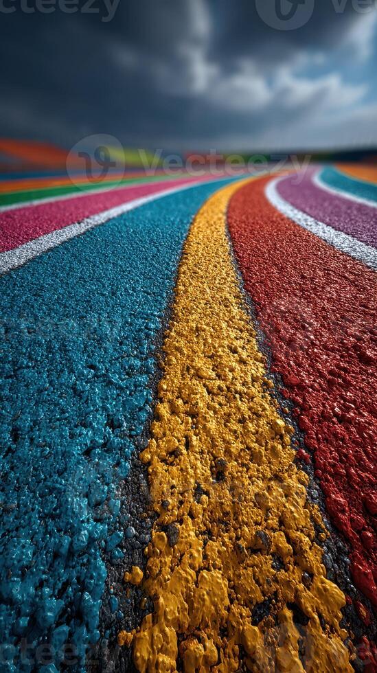 Colorful asphalt patterns create a vibrant art display at an outdoor location under a dramatic sky photo
