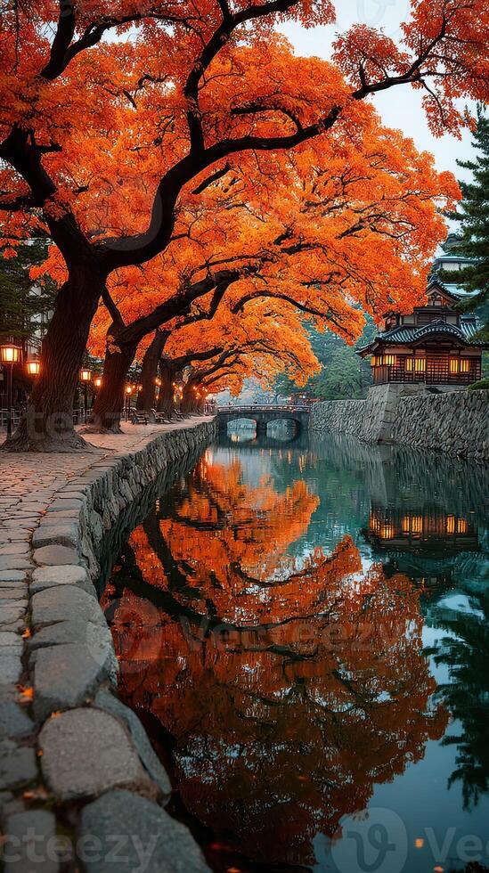Autumn foliage reflects in tranquil waters along canal lined with glowing lanterns photo