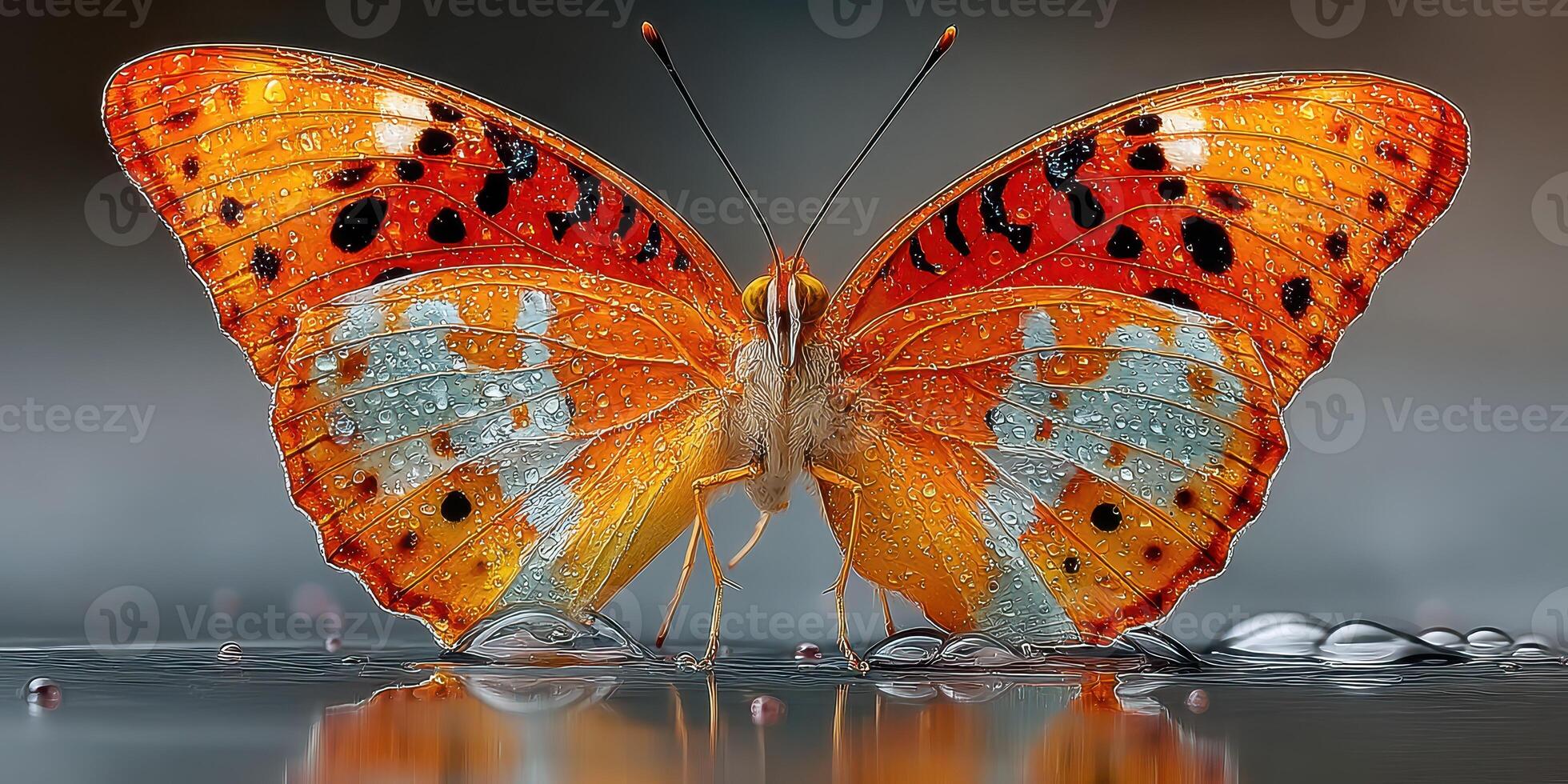 Vibrant orange butterfly with intricate patterns resting on a wet surface in soft lighting photo