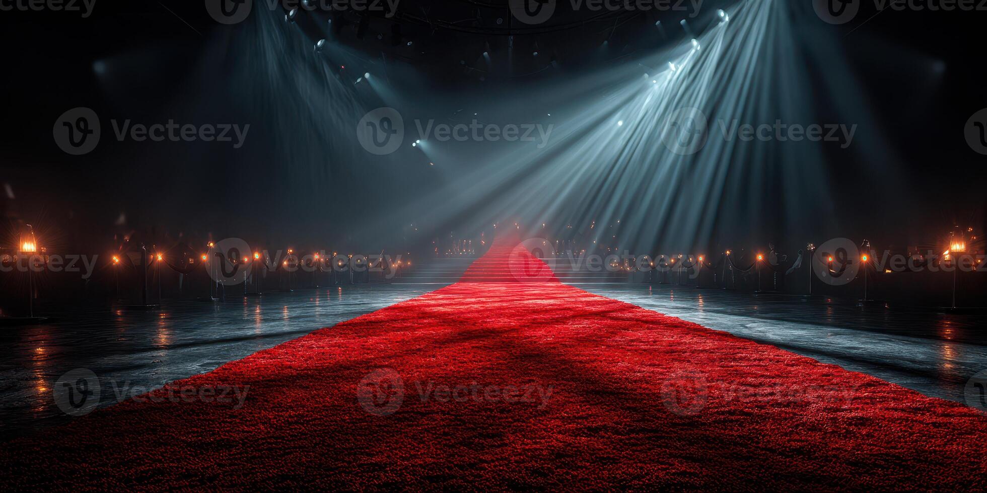Elegant red carpet leading to a spotlighted stage surrounded by glowing torches in an intimate venue photo