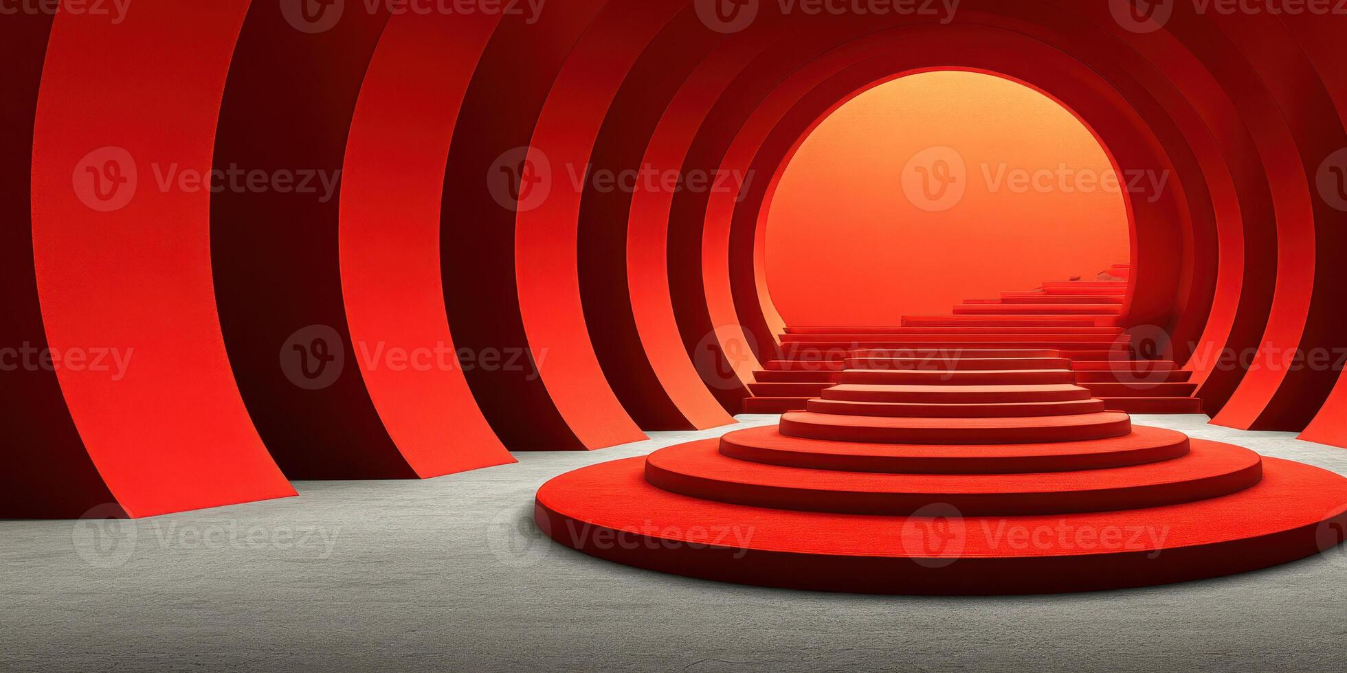 Striking red circular architecture leads to a glowing horizon at a contemporary exhibition space photo