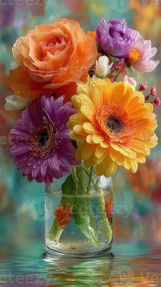 Vibrant bouquet of fresh flowers in water with droplets, displayed on a colorful background photo
