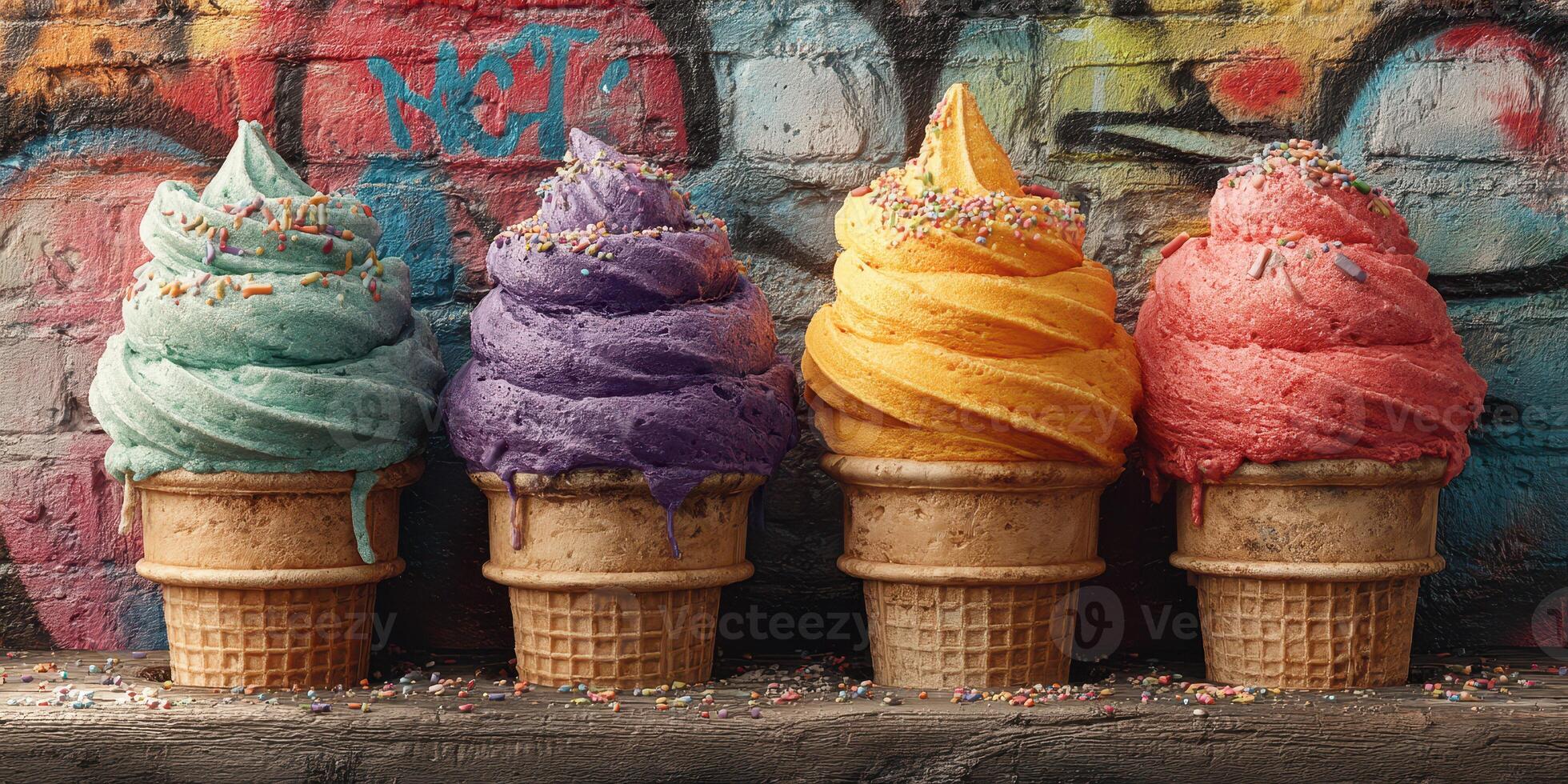 Colorful ice cream cones lined up against a vibrant graffiti wall in an urban setting photo