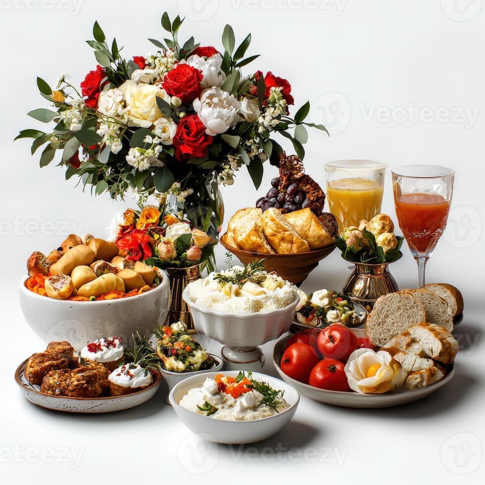 A table with a bunch of food and a bunch of glasses photo