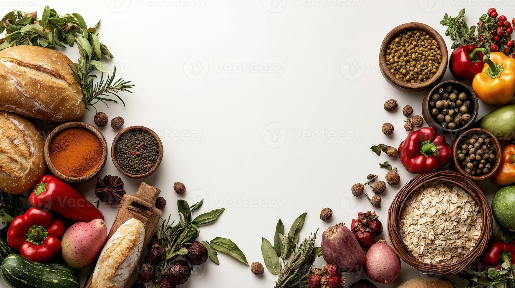 Various types of food are arranged around a white background photo