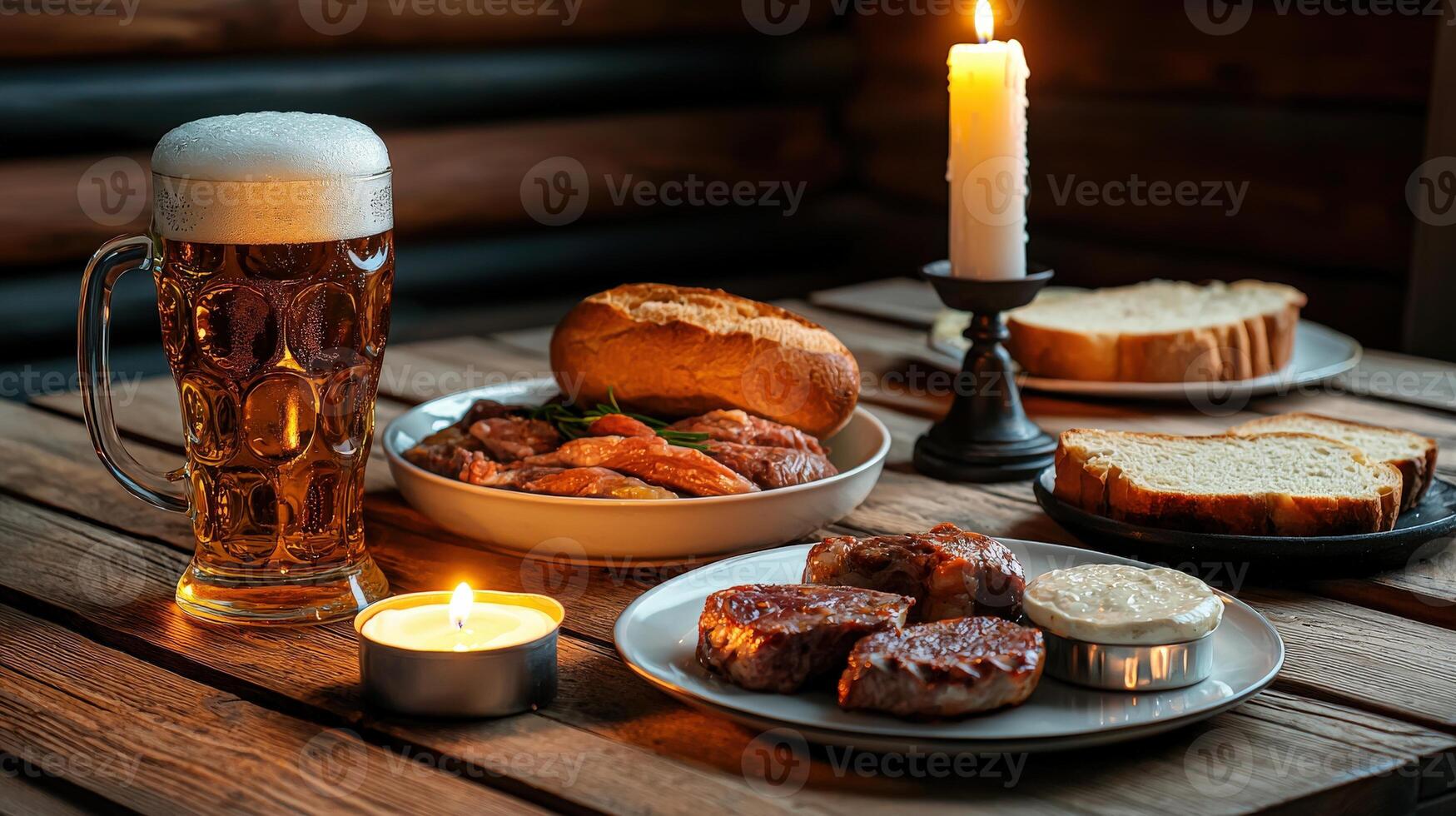 A table with bread, meat and beer on it photo