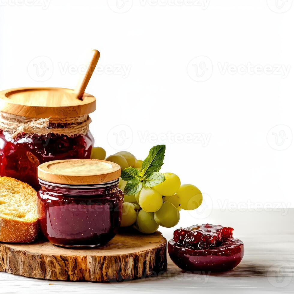 Jam and bread on a wooden board photo