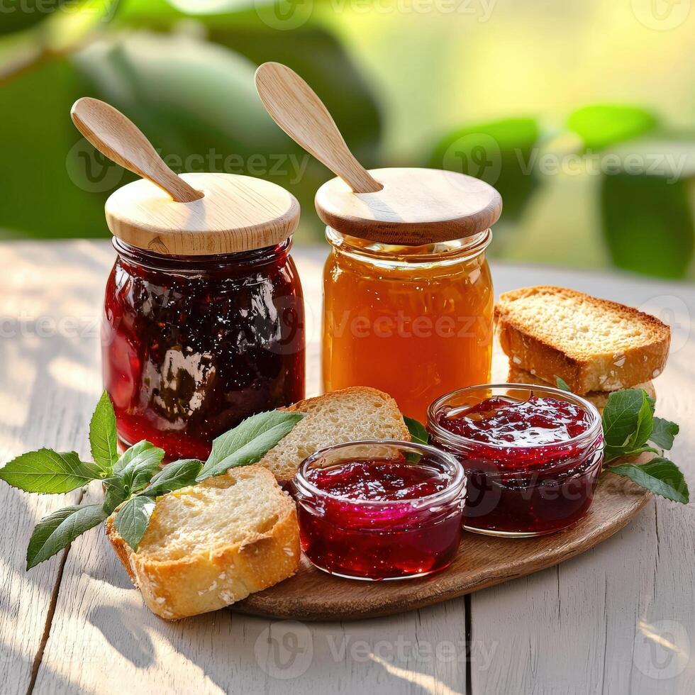 A wooden tray with jam, bread and butter photo