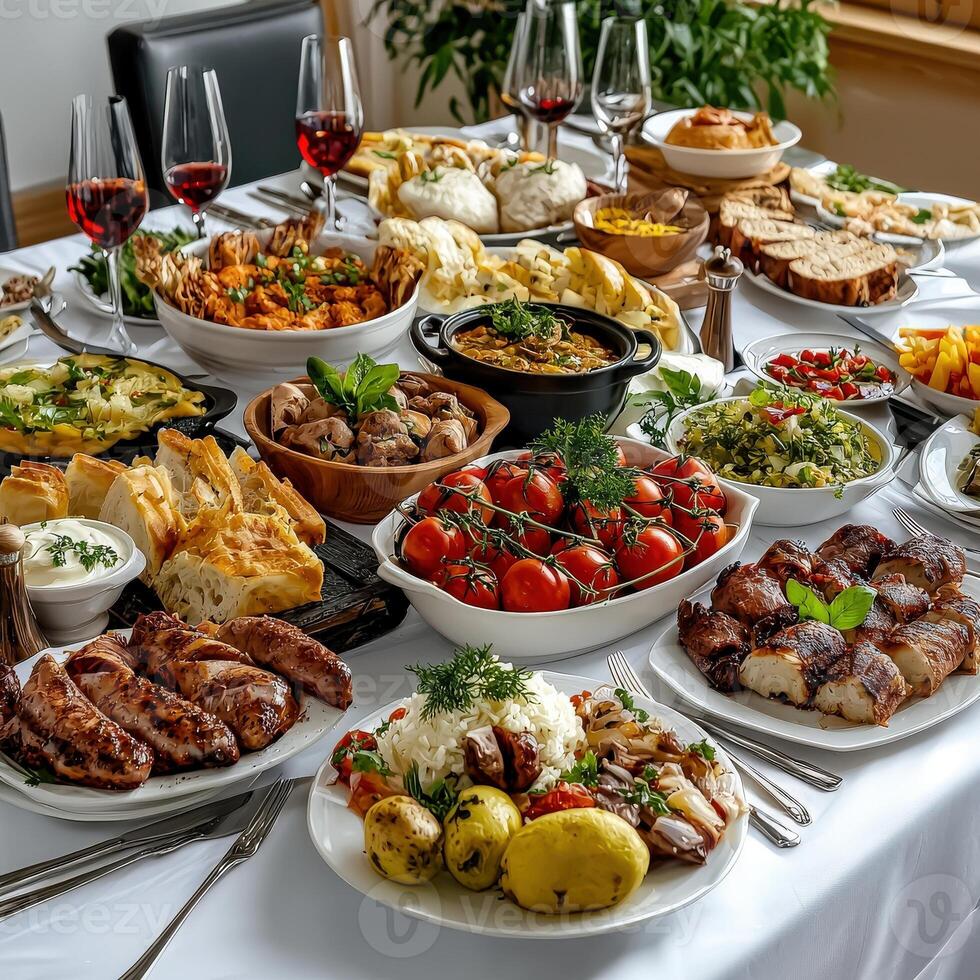 A table full of food and wine photo