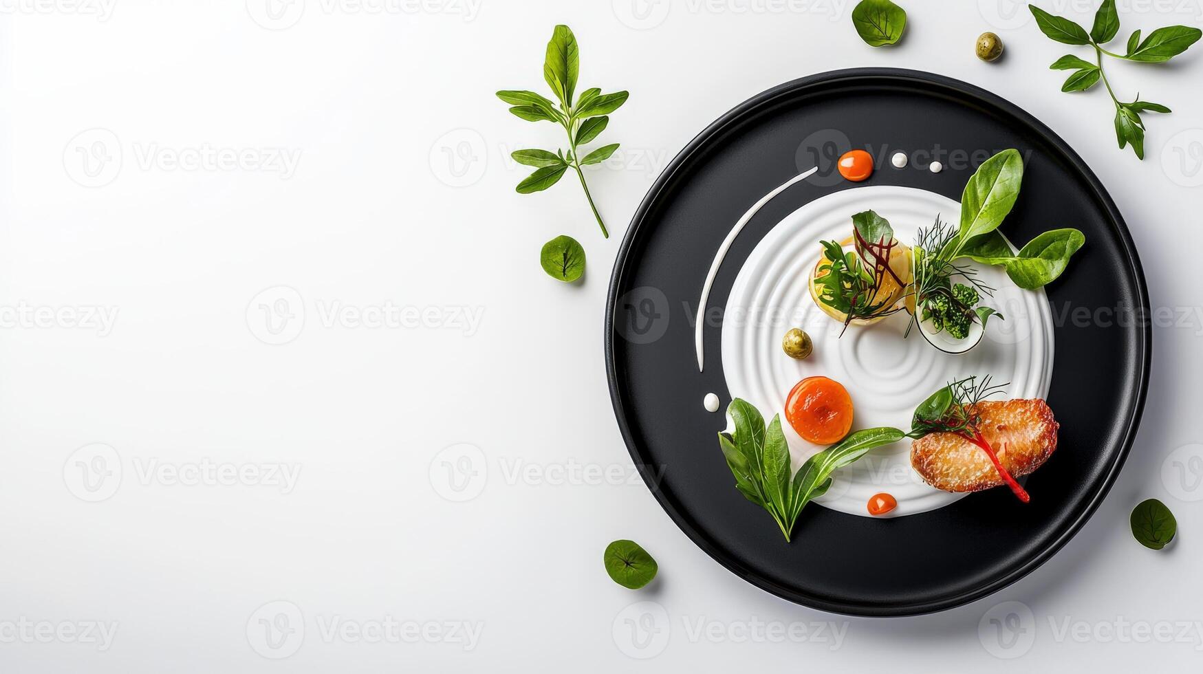 A plate with food on it and leaves around it photo