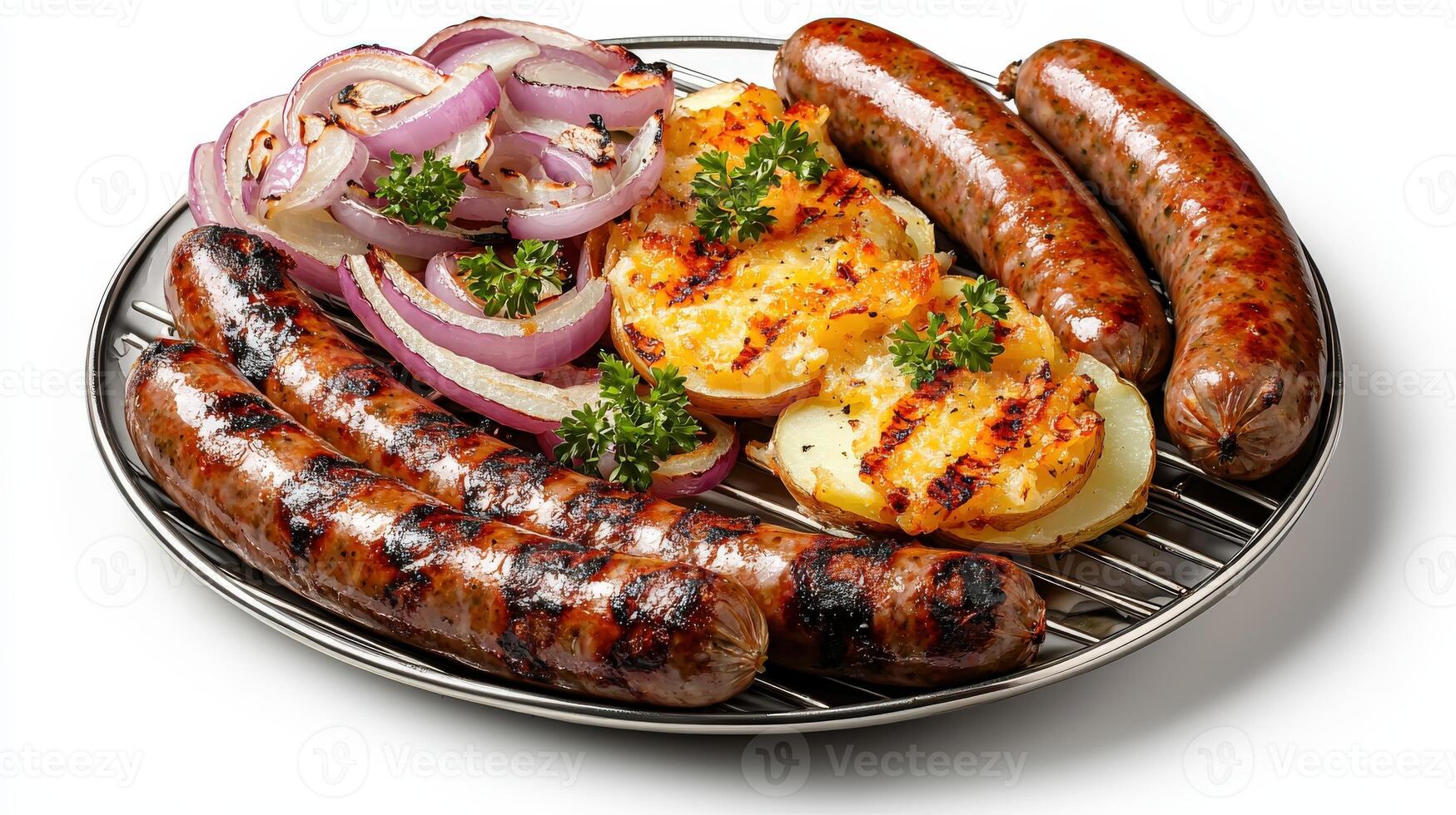 A grill with a variety of meats and vegetables photo