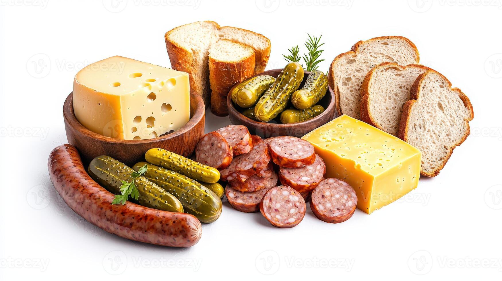 A variety of different types of food including bread, cheese, sausage and meat photo