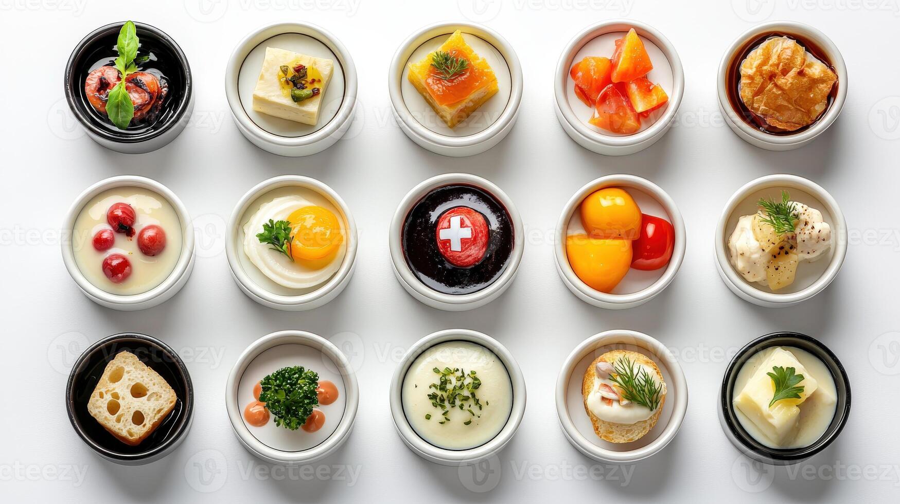 A set of small dishes with different foods photo