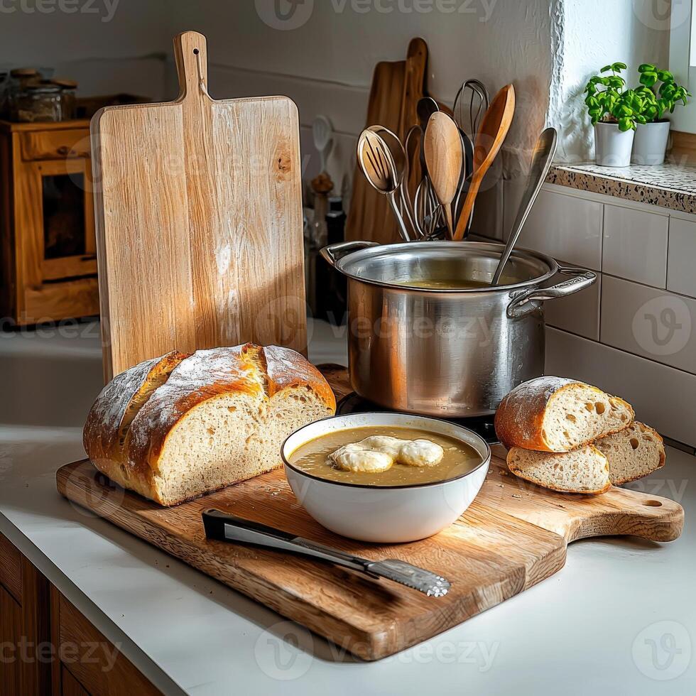 A wooden cutting board with a bowl of soup and bread photo