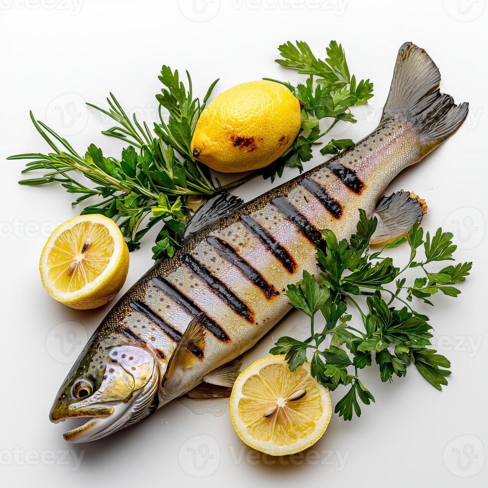A fish with lemon slices and herbs on a white surface photo