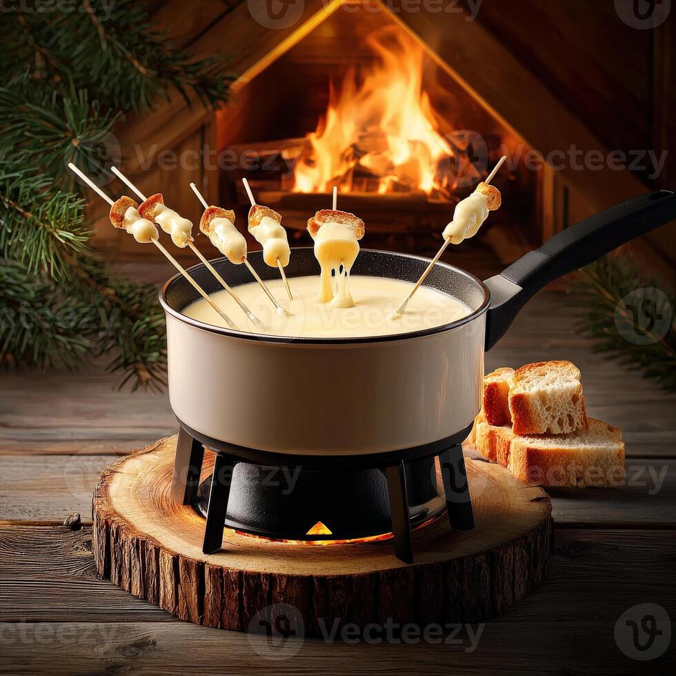 A fondue pot with skewers on it photo