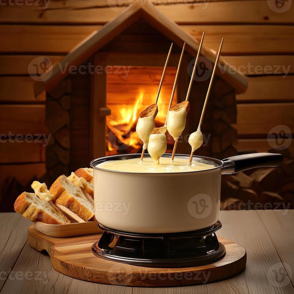 Fondue with bread sticks on top of a pot photo