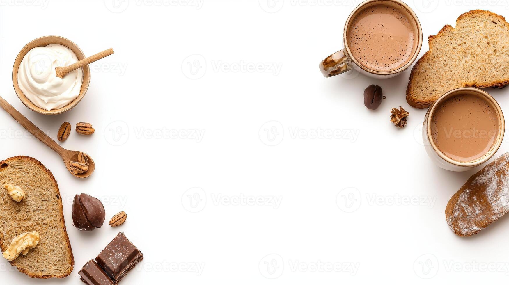 Various types of food and drinks are arranged on a white surface photo