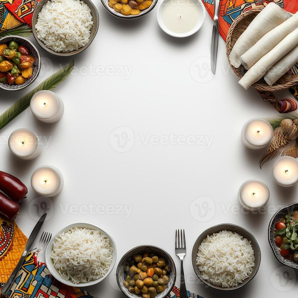A circular frame with various dishes and candles photo