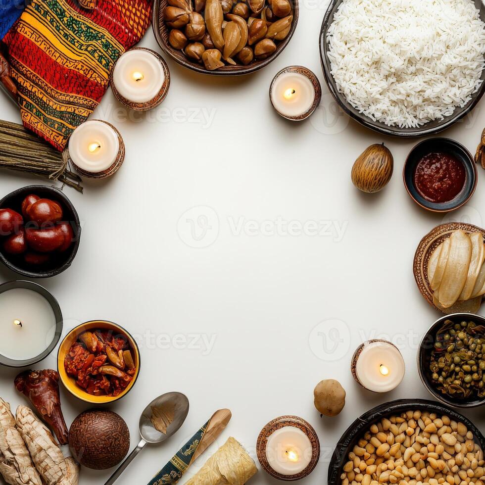 A circle of food is arranged on a white surface photo