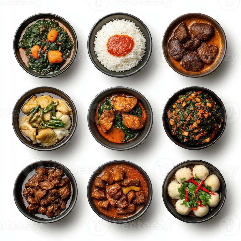 A collection of different types of food in black bowls photo