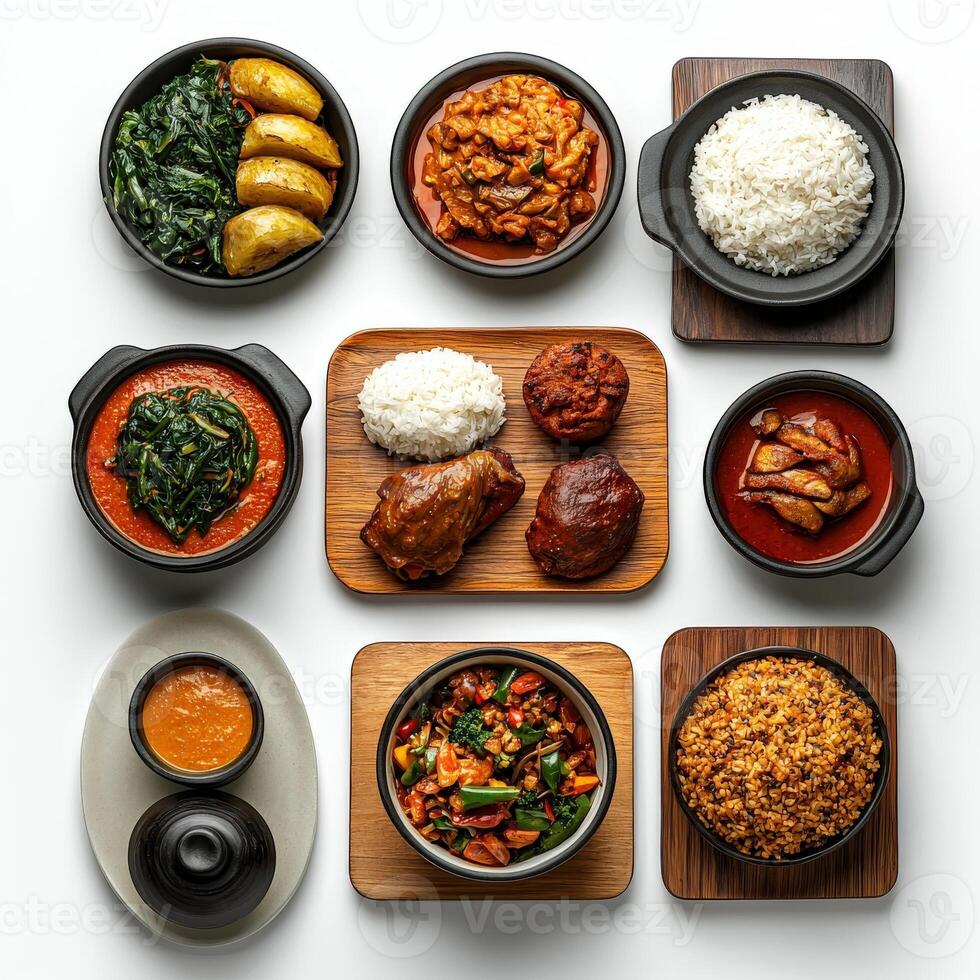 A variety of dishes including rice, meat, and vegetables photo