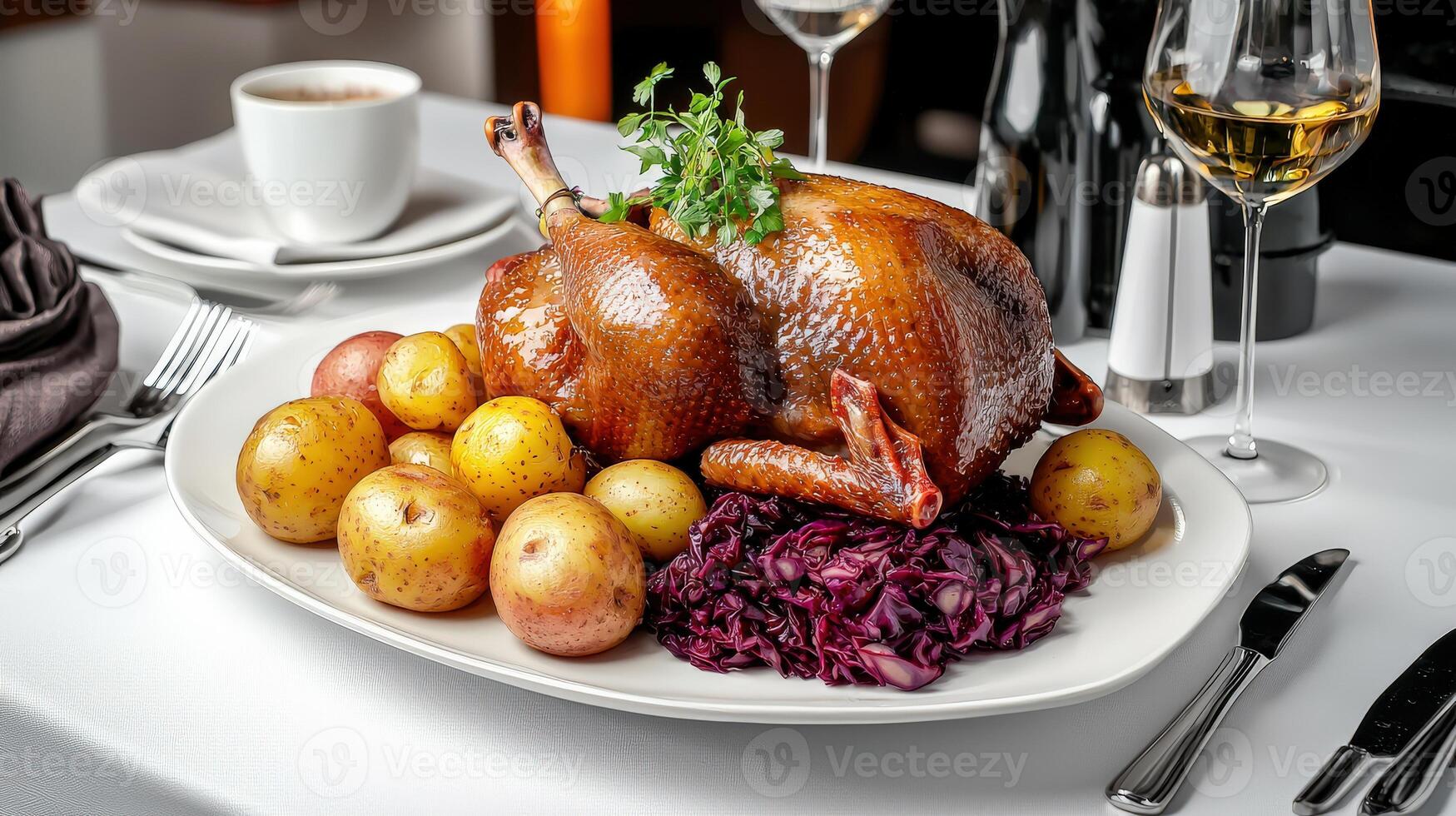 A large roast turkey sits on a plate with potatoes and vegetables photo